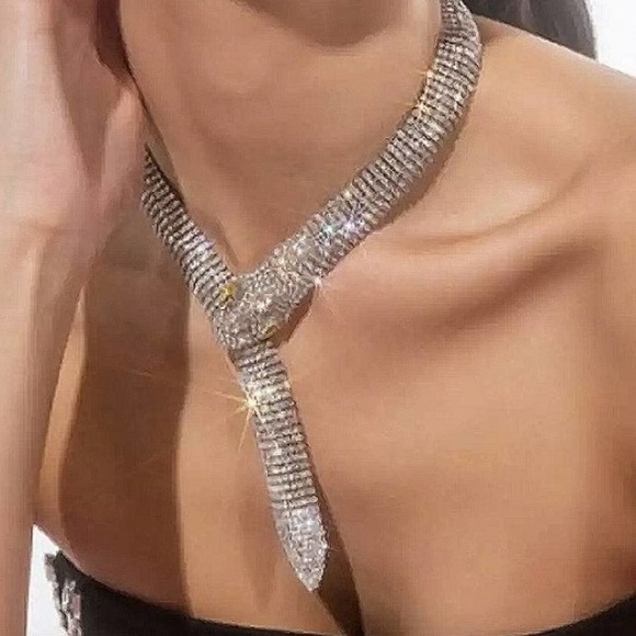 NEW CRYSTAL SNAKE SERPENT WHITE GOLD VINTAGE CHOKER NECKLACE - Picture 5 of 12